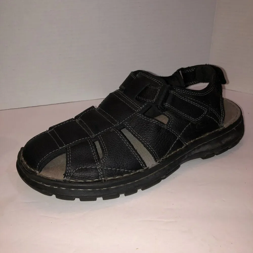 Skechers Mens Size 11 Black Leather Hook and Loop Casual Fisherman Sandals Shoes